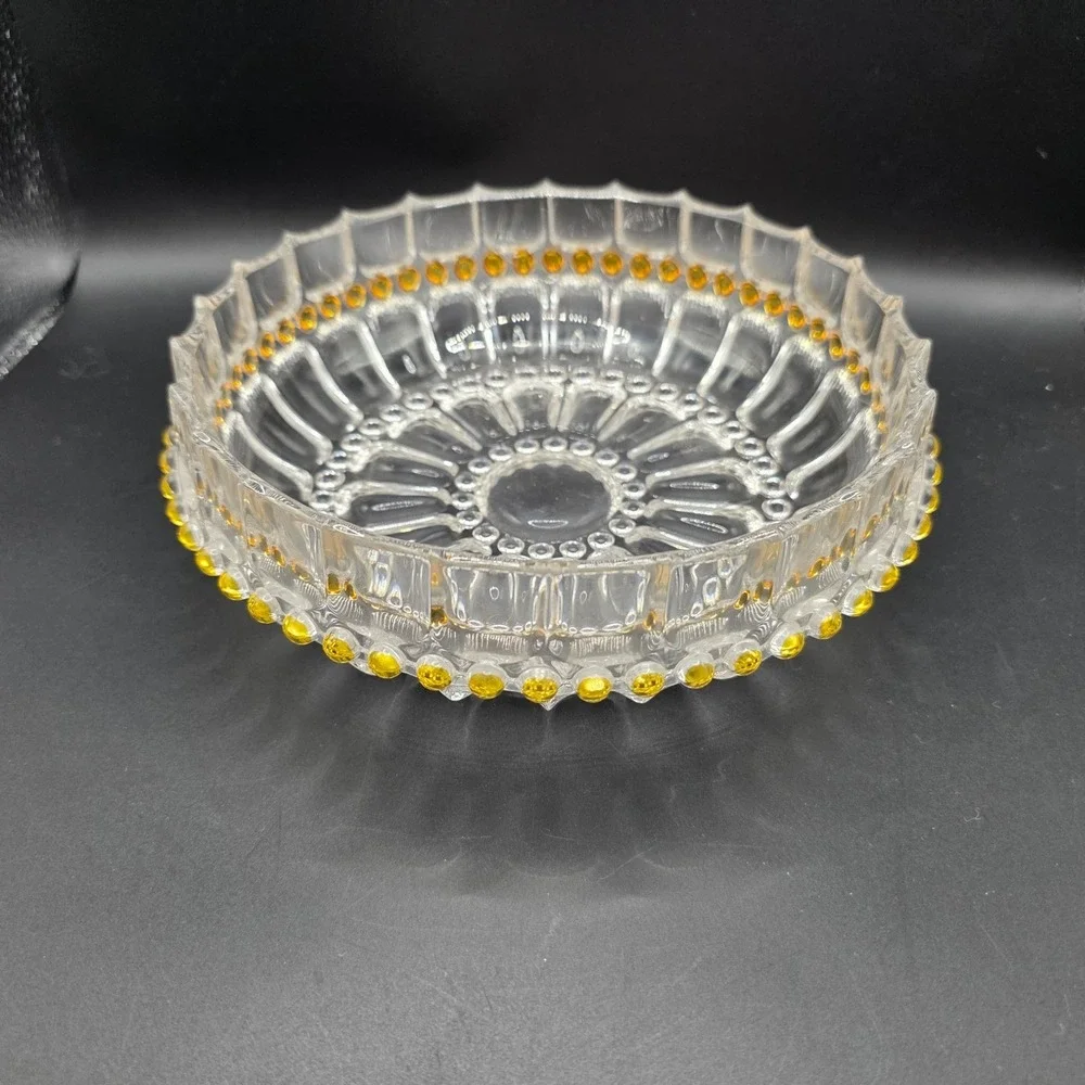 Vintage Pressed Glass Bowl Scalloped Edge Amber Bead Trim Clear Centerpiece 8.5